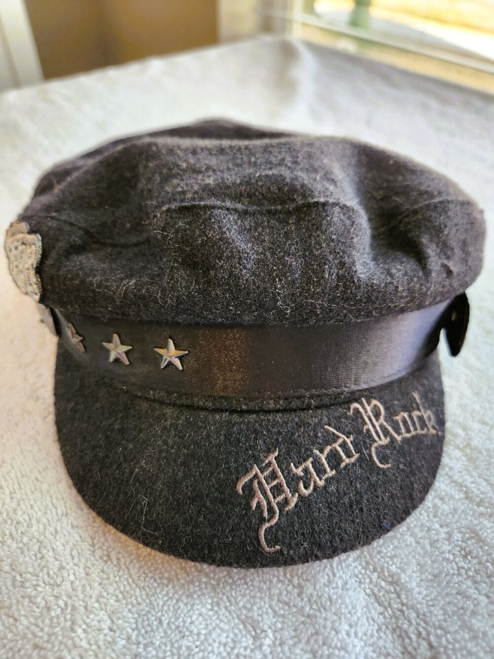 Vtg Hard Rock Cafe Gray Wool Cadet Hat Star Studded Band Embroidered Union Jack